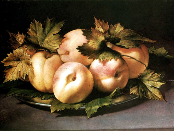 Ambrogio Figino, Piatto con pesche, olio su tavola, 21 x 30 cm. Collezione privata