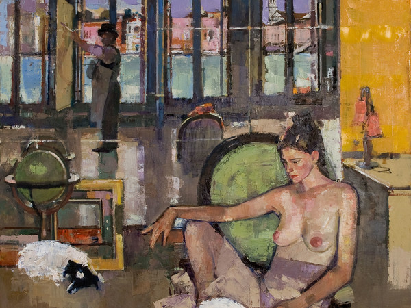 Geoffrey Humphries, Annemarie and Perdie in Green Chair (Self Portrait in Studio), 2011, Olio su tela (Particolare), 100 x 120 cm | Courtesy of the Artist and The Osborne Studio Gallery, London