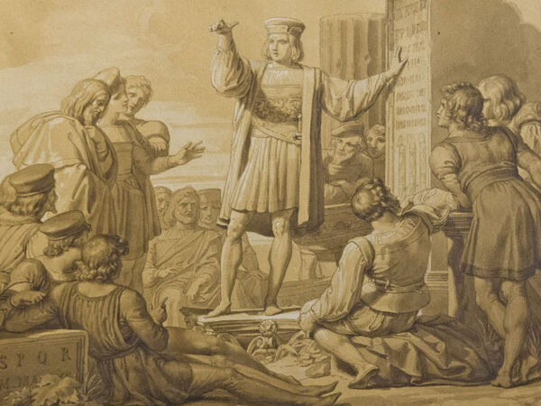 Cola di Rienzo che spiega le antiche epigrafi ai Romani
