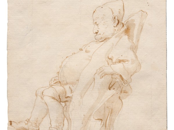 Giambattista Tiepolo, Caricatura di gentiluomo che dorme in  poltrona, penna e inchiostro bruno, inchiostro diluito bruno, tracce di quadrettatura a grafite, mm 221x171. Trieste, Civico Museo Sartorio