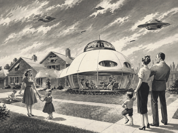 Immagine grafica della mostra liberamente ispirata a Case del futuro di Charles Schridde, 1962