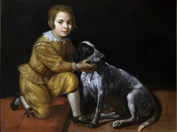 Domenico Fiasella detto il Sarzana (1589 - 1669), Ritratto di ragazzino con cane, Olio su tela, 107 x 79 cm. Collezione privata