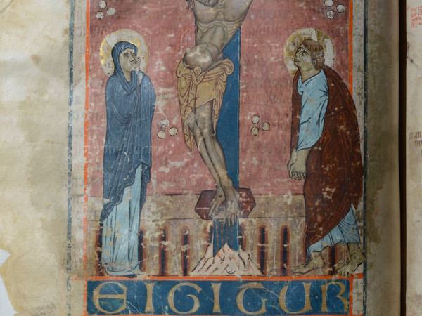 Maestro di Montelabate, Te Igitur, Crocifissione, messale romano, miniatura su pergamena. Assisi (PG), Archivio Capitolare
