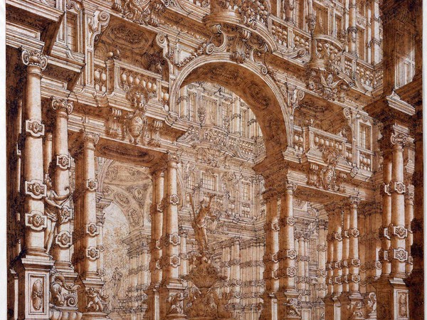 Francesco Galli Bibiena, Arcate di un atrio con statua di Nettuno, Inizio XVIII secolo. Inchiostro e acquerello su carta. Lisbona, Museu Nacional de Arte Antiga