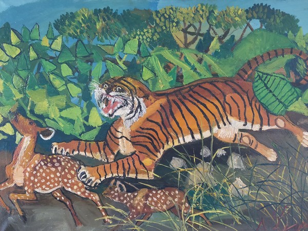 Antonio Ligabue, <em>Tigre con cerbiatti</em>, 1960, III periodo, Olio su tela, 70 x 50 cm | Courtesy Galleria de' Bonis