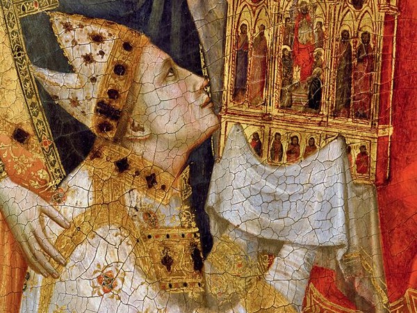 Giotto, Polittico Stefaneschi, cardinale Stefaneschi, particolare dal recto, secondo decennio del Trecento. Tempera e oro su tavola dalla basilica di San Pietro (Roma). Città del Vaticano, Musei Vaticani. Su gentile concessione del Servizio Fotografico dei Musei Vaticani, © Governatorato dello Stato della Città del Vaticano