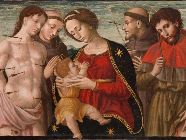 Att. Cola dell’Amatrice, Madonna del riparo (Madonna con il Bambino tra i santi Sebastiano, Antonio, Francesco e Rocco), 1530 ca, Tempera su tela, 75 x 48 cm, Ascoli Piceno, Pinacoteca Civica