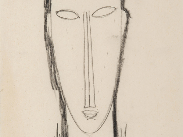 Amedeo Modigliani, Testa di fronte, 1912-1914, Matita su carta, 262 x 428 mm, Collezione privata | Courtesy of Palazzo Ducale, Genova 2017