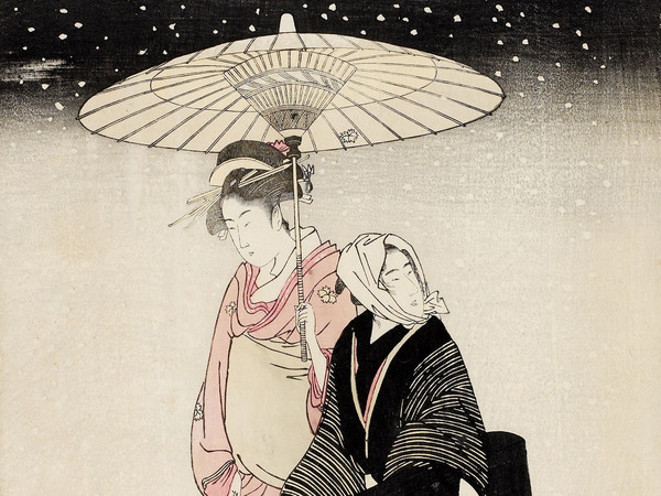 Kitagawa Utamaro, Passeggiata notturna sotto la neve, 1797-1798 circa, Silografia policroma, 38 x 26 cm, Honolulu Museum of Art | Courtesy of Palazzo Reale, Milano 2016