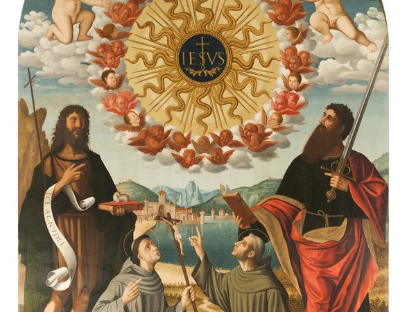 Benedetto Carpaccio, Adorazione del nome di Gesu' e i Santi, Giovanni Battista, Francesco d'Assisi, Bernardino da Siena e Paolo apostolo. Santuario di S.Antonio, Gemona