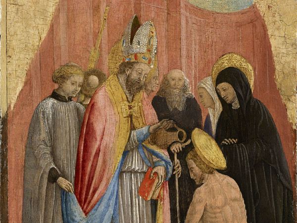 Antonio Vivarini, Matrimonio di Santa Monica e Sant'Ambrogio che battezza Sant'Agostino, Bergamo, Accademia Carrara, Valagussa