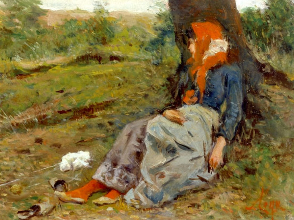 Silvestro Lega, Contadina a riposo, 1890 circa, Olio su tavola, 28x49 cm - Letteratura: G. Matteucci, Lega. L’opera completa, Firenze 1987, Vol.II, pag. 358, n. 445, ripr. - Courtesy: Studio Paul Nicholls, Milano