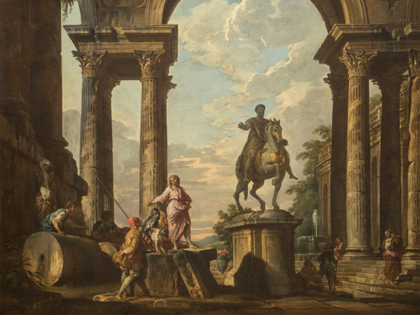 Giovanni Paolo Pannini (Piacenza, 1691 - Roma, 1765), Capriccio con la statua equestre di Marco Aurelio, 1745, Olio su tela, 186 × 154.5 cm, Inv. 2349, Roma, Gallerie Nazionali di Arte Antica | © Gallerie Nazionali di Arte Antica, Roma (MiC) - Bibliotheca Hertziana, Istituto Max Planck per la storia dell'arte / Enrico Fontolan
