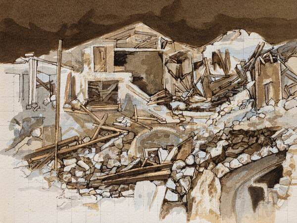 Vitale Petrus, <em>Friuli 1976 -5</em>, acquerello e china su carta, cm. 24X32