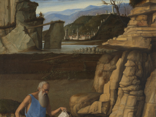 Giovanni Bellini (circa 1435 - 1516), San Girolamo che legge in un paesaggio, 1480-1485, Tavola, 46.8 × 33.8 cm, Londra, The National Gallery | © The National Gallery, London