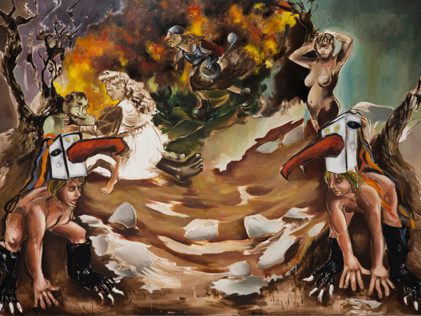 Silvia Paci, Loth e le sue figlie, 2024, olio su tela, 150x200 cm. Silvia Paci, Loth e le sue figlie, 2024, olio su tela, 150x200 cm.