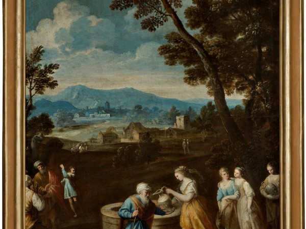 Giuseppe Zola (Brescia, 1672 - Ferrara, 1743), Eliezer e Rebecca al pozzo, olio su tela 