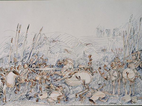 Arman, Senza titolo (Studio dalla Battaglia di San Romano di Paolo Uccello, 1994. Inchiostro su carta, cm 75x11. Firenze, Gabinetto Disegni e Stampe degli Uffizi