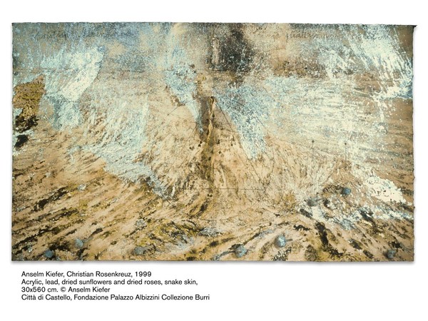 Anselm Kiefer, Christian Rosenkreuz, 1999. Acrylic, lead, dried sunflowers and dried roses, snake skin, 330x560 cm
