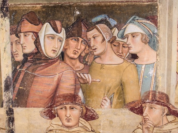 Ambrogio Lorenzetti, Maestà e Storie di San Galgano, affreschi strappati, dalla chiesa di San Galgano a Montesiepi (Chiusdino). Particolare dopo il restauro Ambrogio Lorenzetti, Maestà e Storie di San Galgano, affreschi strappati, dalla chiesa di San Galgano a Montesiepi (Chiusdino). Particolare dopo il restauro