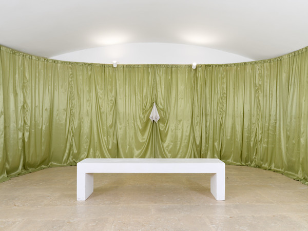 Barbara Prenka, Crocodile tears, 2025, embroidery on cotton hand-embroidered by the artist’s mother in 1983 and drapery, site-specificinstallation, environmental dimensions. Courtesy the artist and A plus A Gallery I Ph. Clelia Cadamuro Barbara Prenka, Crocodile tears, 2025, embroidery on cotton hand-embroidered by the artist’s mother in 1983 and drapery, site-specificinstallation, environmental dimensions. Courtesy the artist and A plus A Gallery I Ph. Clelia Cadamuro
