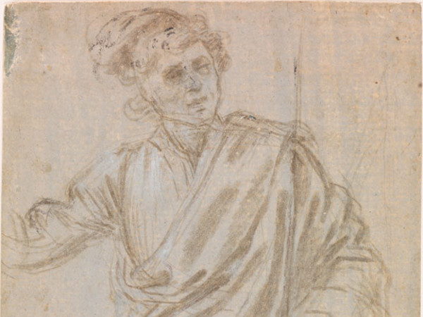 Filippino Lippi, Studio per un uomo seduto che reca una spada o un bastone. Punta metallica con tocchi di biacca, su carta preparata in colore grigio azzurro, mm 196 x 106. Firenze, Gabinetto Disegni e Stampe degli Uffizi, inv .n. 204