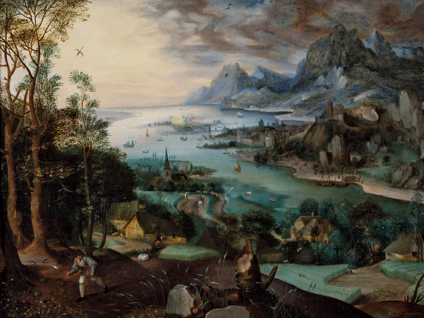 Pieter Brueghel il Vecchio (attr.) Jacob Grimmer, Paesaggio con la parabola del seminatore, 1557, Olio su tavola, 68.5x52 cm, Collezione privata
