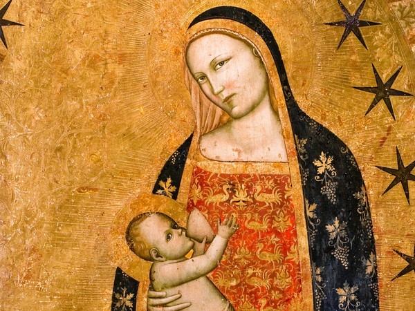 Francescuccio di Cecco Ghissi, Madonna dell'Umiltà, Seconda metà del XIV secolo, Tempera e oro su tavola, 95 x 177 cm, Iscrizione sull'aureola 