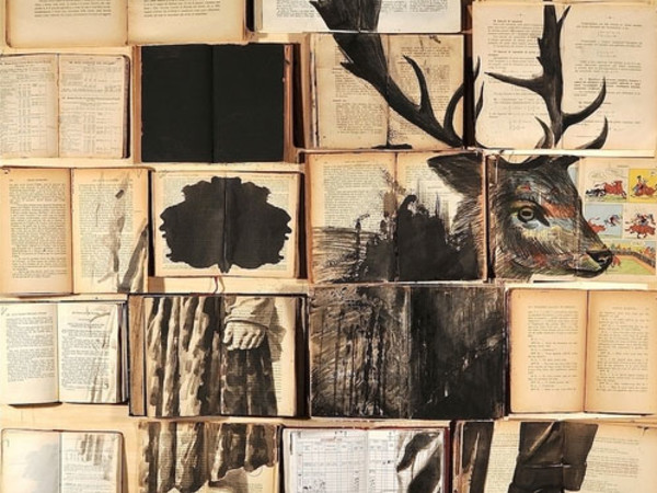 Ekaterina Panikanova, Errata Corrige 2234, 2013 Vintage books, ink and nails on wood; cm 130x110; courtesy Z2O Galleria - Sara Zanin