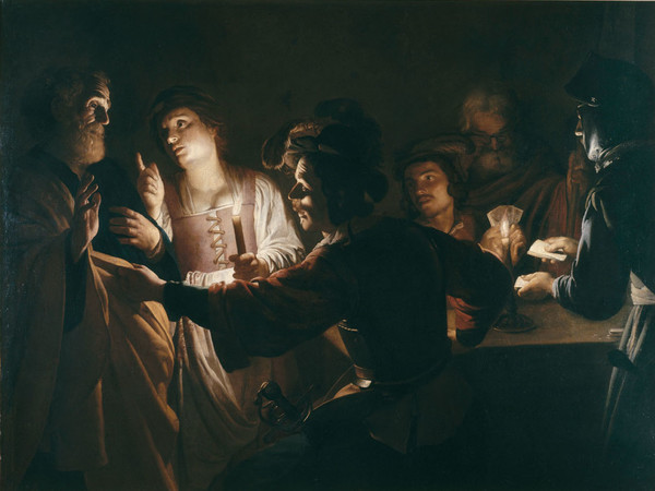 Gerrit van Honthorst - (Gherardo delle Notti) (Utrecht 1592 - 1656), Negazione di san Pietro, 1616-1617. Olio su tela. Rennes, Depot du Musée du Louvre au Musée des Beaux-Arts de Rennes