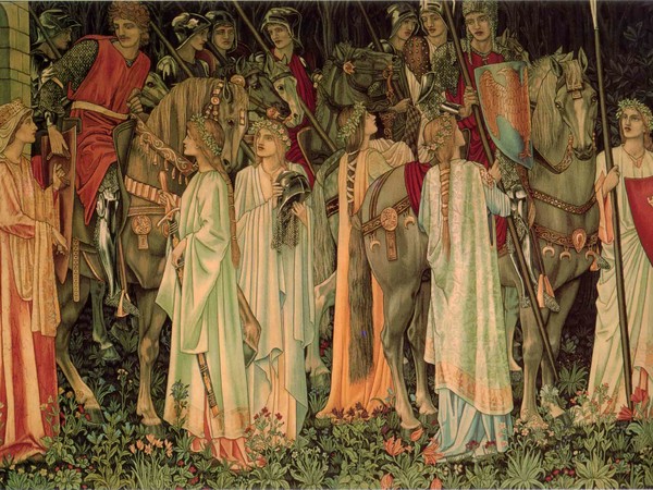 Edward Byrne-Jones, William Morris e John Henry Dearle (designers), Morris & Co (produttore, tessuto by Robert Ellis, John Keith, John Martin, George Merritt), Arazzi del Santo Graal - L'Armamento dei Cavalieri, Progettato nel 1890, tessuto nel 1898, Arazzo ad alto ordito con trama di lana e seta su ordito in cotone, Collezione privata