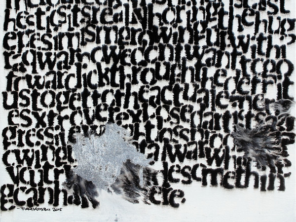 Farhan Siki, What are you trying to erase #2, 2015, Alkyd enamel, spray paint on canvas, 87 x 76 cm | Courtesy of Farhan Siki & Banca Generali Private Banking