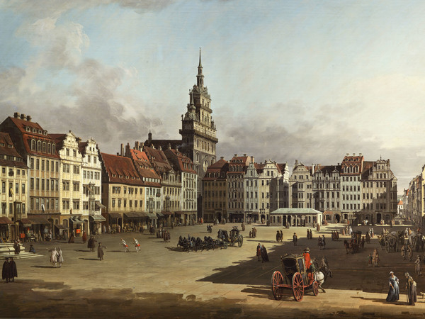 Bernardo Bellotto, Veduta del vecchio Mercato di Dresda, 1750-1752, Olio su tela, 241 x 135 cm, Mosca, Museo Puškin
