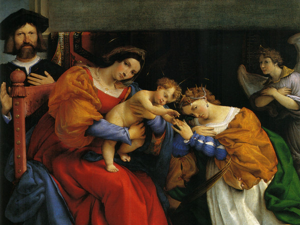 Lorenzo Lotto, Il Matrimonio Mistico di Santa Caterina, 1523, Olio su tela, 134 × 139 cm, Accademia di Carrara