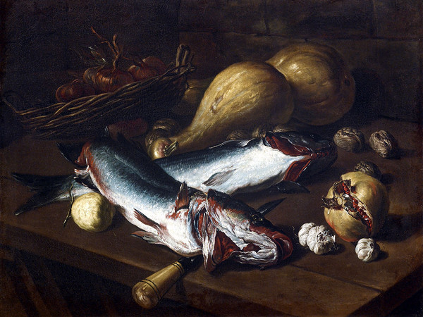 Giacomo Ceruti, Natura morta con pesci su tavolo, olio su tela, 64 x 81 cm.