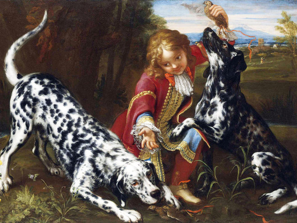 Niccolò Cassana (1659 - 1714), Bambino che gioca con due setter inglesi, Olio su tela, 98 x 133 cm, Collezione privata