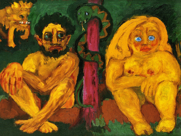 Emil Nolde, Paradiso perduto, 1921, Olio su tela, 157 x 106.5 cm,  Seebüll, Nolde Stiftung Seebüll | Lo stesso Emil Nolde, membro del Partito nonché dichiaratamente xenofobo e antisemita, fu interdetto dall’esercizio dell’insegnamento e della pittura a causa della “militanza” espressionista. Gli fu proibito anche tenere in casa l’occorrente per dipingere per cui ripiegò sugli acquerelli