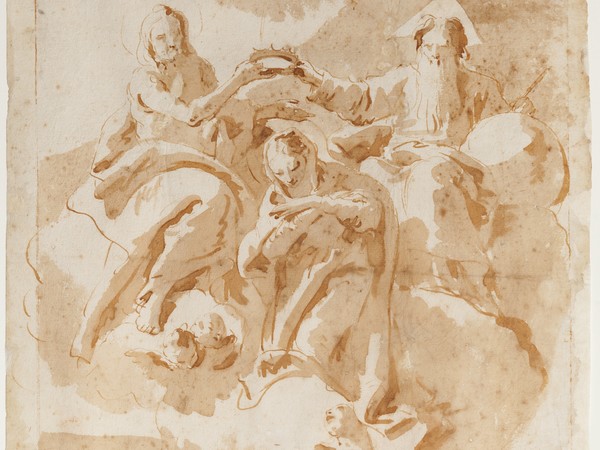Giambattista Tiepolo, Incoronazione della Vergine (studio per il tondo), penna e inchiostro bruno, inchiostro diluito bruno, mm 445x292. Firenze, Museo Stefano Bardini