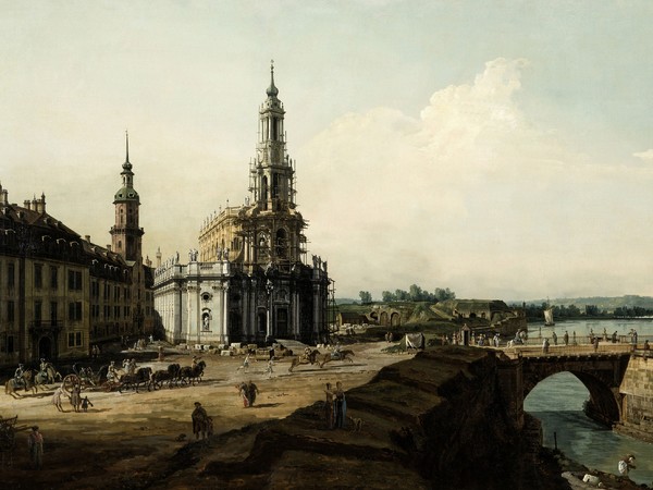 Bernardo Bellotto, Dresda dalla riva sinistra dell’Elba, il Castello a sinistra, la chiesa cattolica Hofkirche di fronte, 1748, Olio su tela, 235 x 133 cm, Gemäldegalerie Alte Meister, Staatliche Kunstsammlungen Dresden | © 2016 Foto Scala, Firenze/bpk, Bildagentur fuer Kunst, Kultur und Geschichte, Berlin
