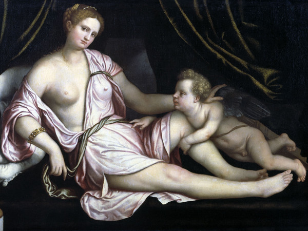 Moretto da Brescia, Venere con amorino, olio su tela, 160 x 220 cm.