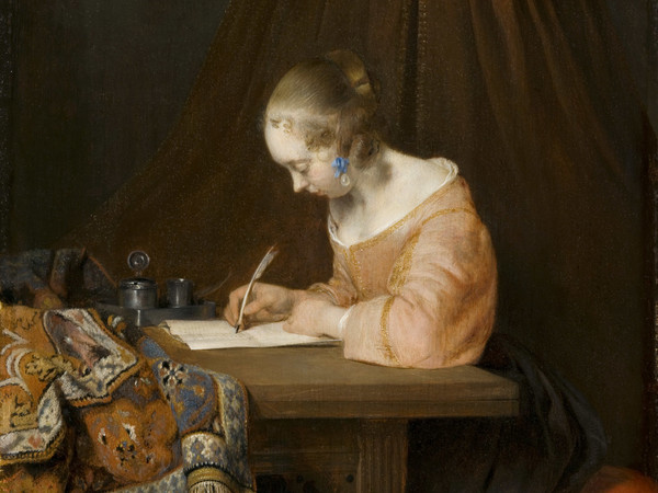 Gerard Ter Borch, Donna che scrive una lettera, 1655 circa olio su tavola, cm 39 x 29,5. L’Aia, Gabinetto reale di pitture Mauritshuis dono di Sir Henri W.A. Deterding, Londra, 1928. © L’Aia, Gabinetto reale di pitture Mauritshuis