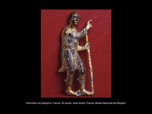 Placchetta con pellegrino, Francia, XII secolo, rame dorato. Museo Nazionale del Bargello, Firenze