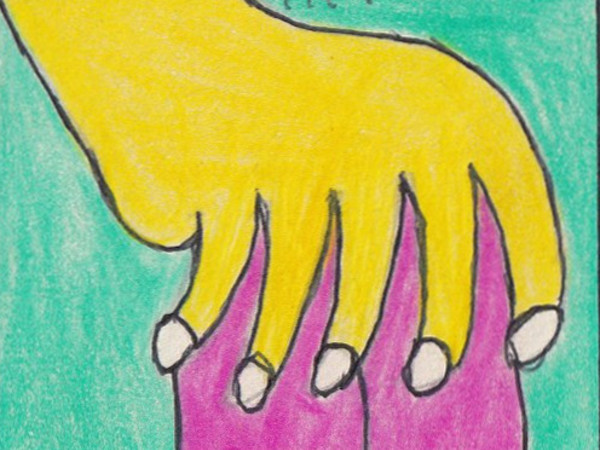 Frédéric Bruly Bouabré (Costa d’Avorio 1923 - 2014), La main de Dieu! Apprenons la toute bonne culture tendant à sauver l’humanité italienne!, 2012, Graphite, ball point pen and colored pencil on cardboard, 11 x 14.2 cm | Courtesy of Collection Patrick Fuchs, Bénédicte Montant, Marco Colucci, Ginevra