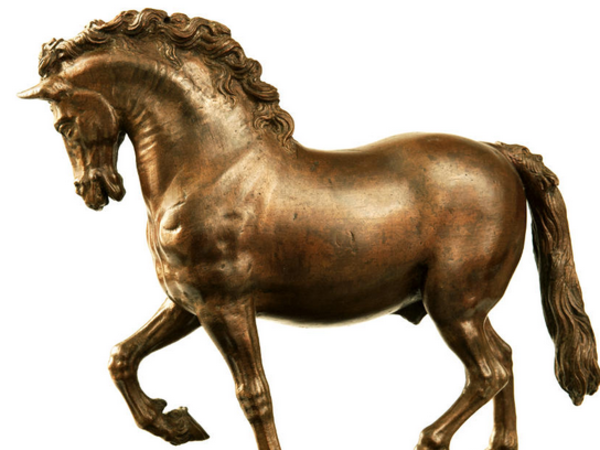 Leonardo da Vinci in collaborazione con G. F. Rustici (attr.), Cavallo al passo, 1508 - 1511. Bronzo, h 156 mm x l 185 mm. Collezione privata