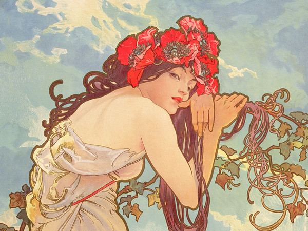 Alphonse Mucha, Le stagioni: Estate, 1896, Serie di quattro pannelli decorativi, Litografie a colori, 103 × 54 cm ciascuna | © Mucha Trust 2025