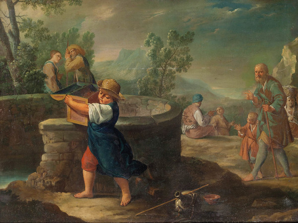 Antonio Rossi (Bologna 1700-1753), Bertoldino getta le monete nel pozzo, 1740-1750 circa, Olio su tela, 94 x 69 cm, Provenienza: Casa d’aste Wannenes, Genova, 2014