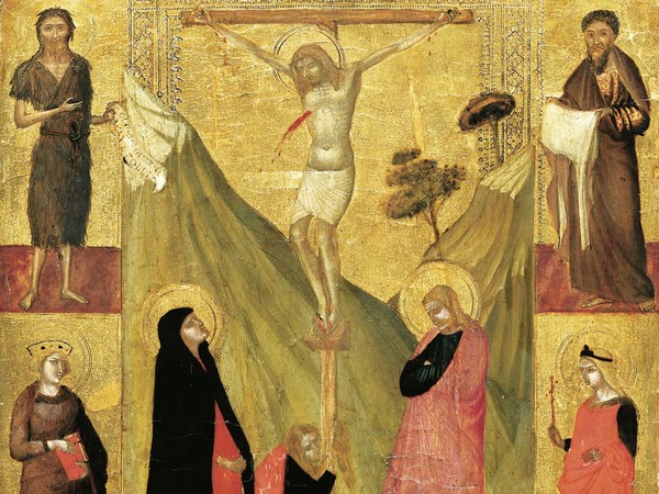 Ambrogio Lorenzetti, Adorazione di Gesù Bambino e Annuncio ai pastori, Crocifisso con i dolenti, Santi Giovanni Battista, Bartolomeo, Caterina d’Alessandria e Cecilia, 1330-1334 circa, Tempera e oro su tavola, 39.1 x 58.8 cm, Francoforte sul Meno, Städel Museum