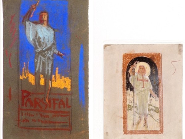 Giuseppe Palanti, Due bozzetti preparatori per il manifesto Ricordi per Parsifal, 1913, Pastello su carta e pastello su cartoncino, Collezione Paola ed Edoardo Romagnoli