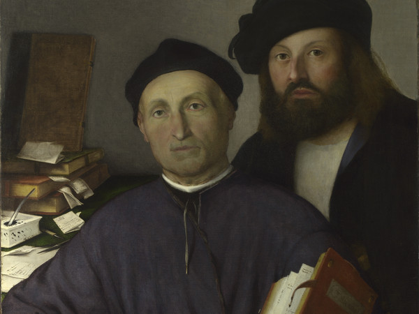 Lorenzo Lotto, Il medico Giovanni Agostino della Torre e suo figlio Niccolò , 1515-1516 circa, Olio su tela, 85 x 68.2 cm | © The National Gallery, London | Agli inizi del XVI secolo Giovanni Agostino della Torre e suo figlio Niccolò esercitavano a Bergamo l'attività medica e quella di farmacisti con una bottega sulla Piazza Vecchia, dove vendevano il vetriolo di ferro estratto nella località di Gandellino in alta Val Seriana.