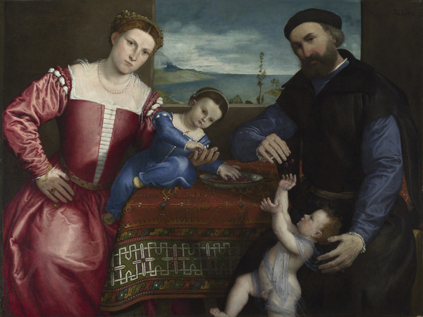 Lorenzo Lotto (circa1480 - 1556), Ritratto di Giovanni della Volta con sua moglie e i suoi figli, 1547, Olio su tela, 104.5 × 138 cm, Londra, The National Gallery | © The National Gallery, London
